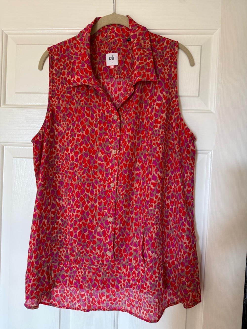 CAbi Pink and Red Sleeveless Button-Front Blouse